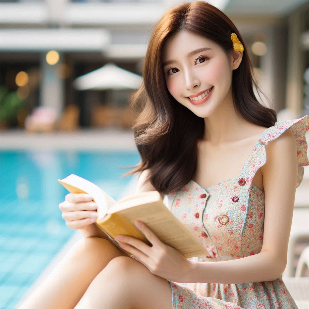 女生坐在泳池邊看書的示意圖