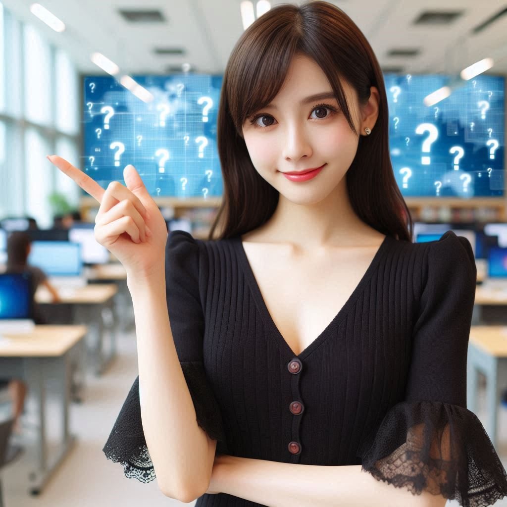 女生在電腦教室指著滿是問號的螢幕的示意圖