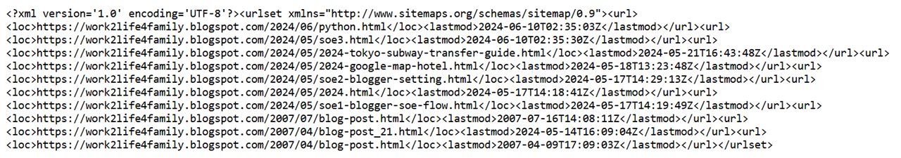 Blogger 自動產生的 sitemap.xml 內容，列出各篇文章網址