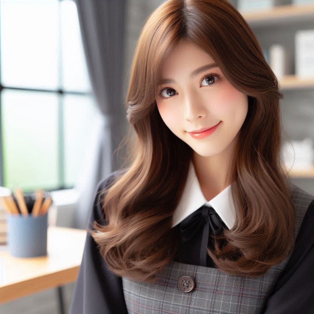 長髮女生在書房微笑的示意圖
