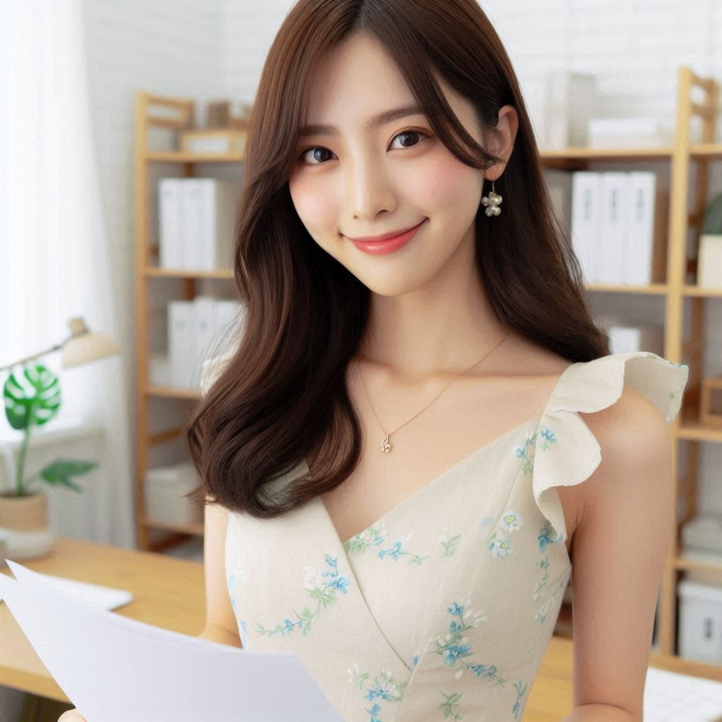 女生在辦公室拿著文件微笑的示意圖
