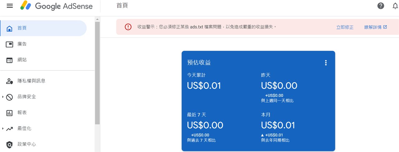 Google AdSense 首頁顯示必須修正 ads.txt 檔案問題的收益警示