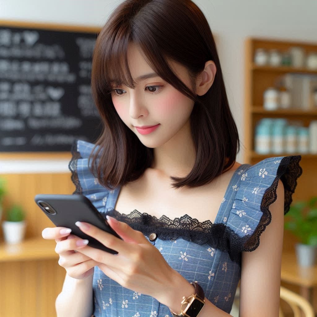 女生在咖啡店低頭滑手機的示意圖