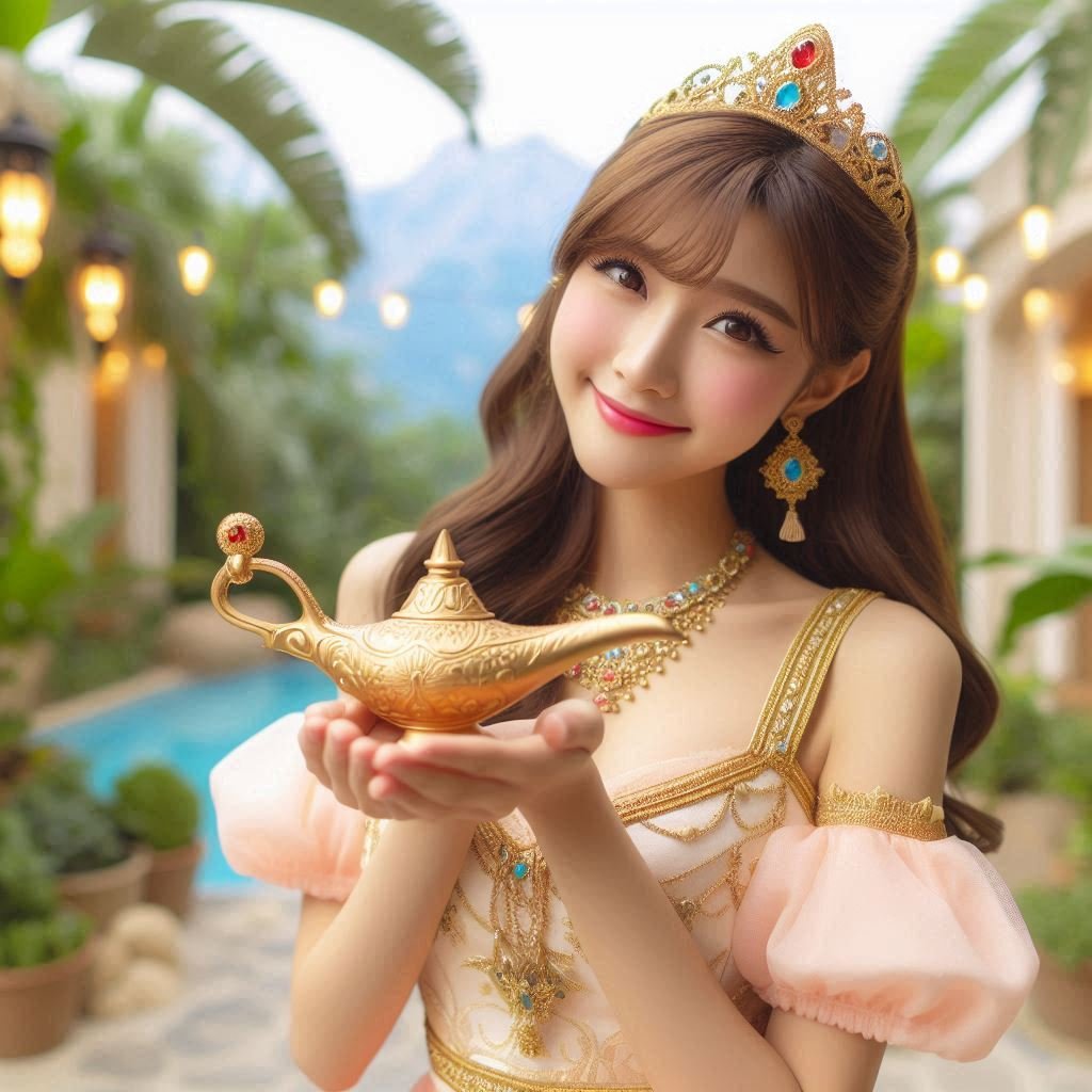 戴著皇冠、捧著神燈微笑的女子示意圖